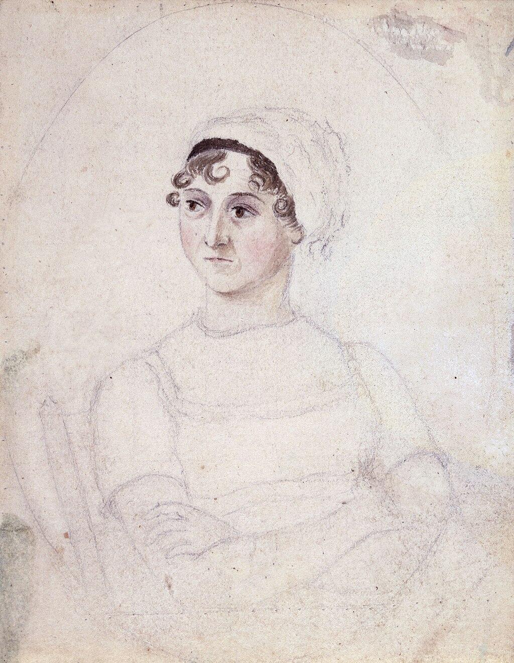Portrait of Jane Austen in watercolour and pencil.