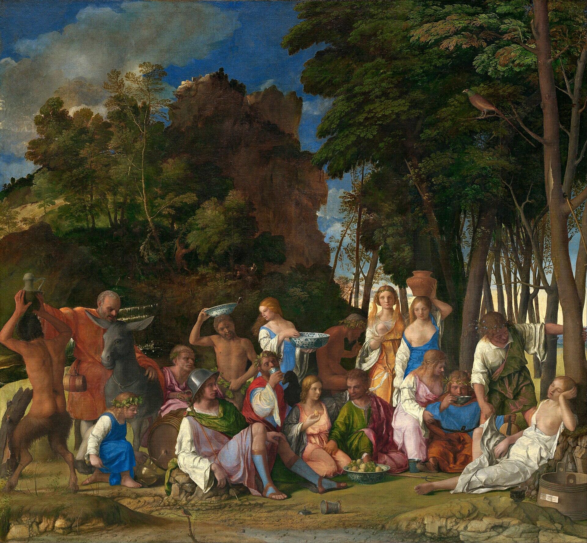 An artwork showing individuals gathered in a lush field, surrounded by nature and bright colors.